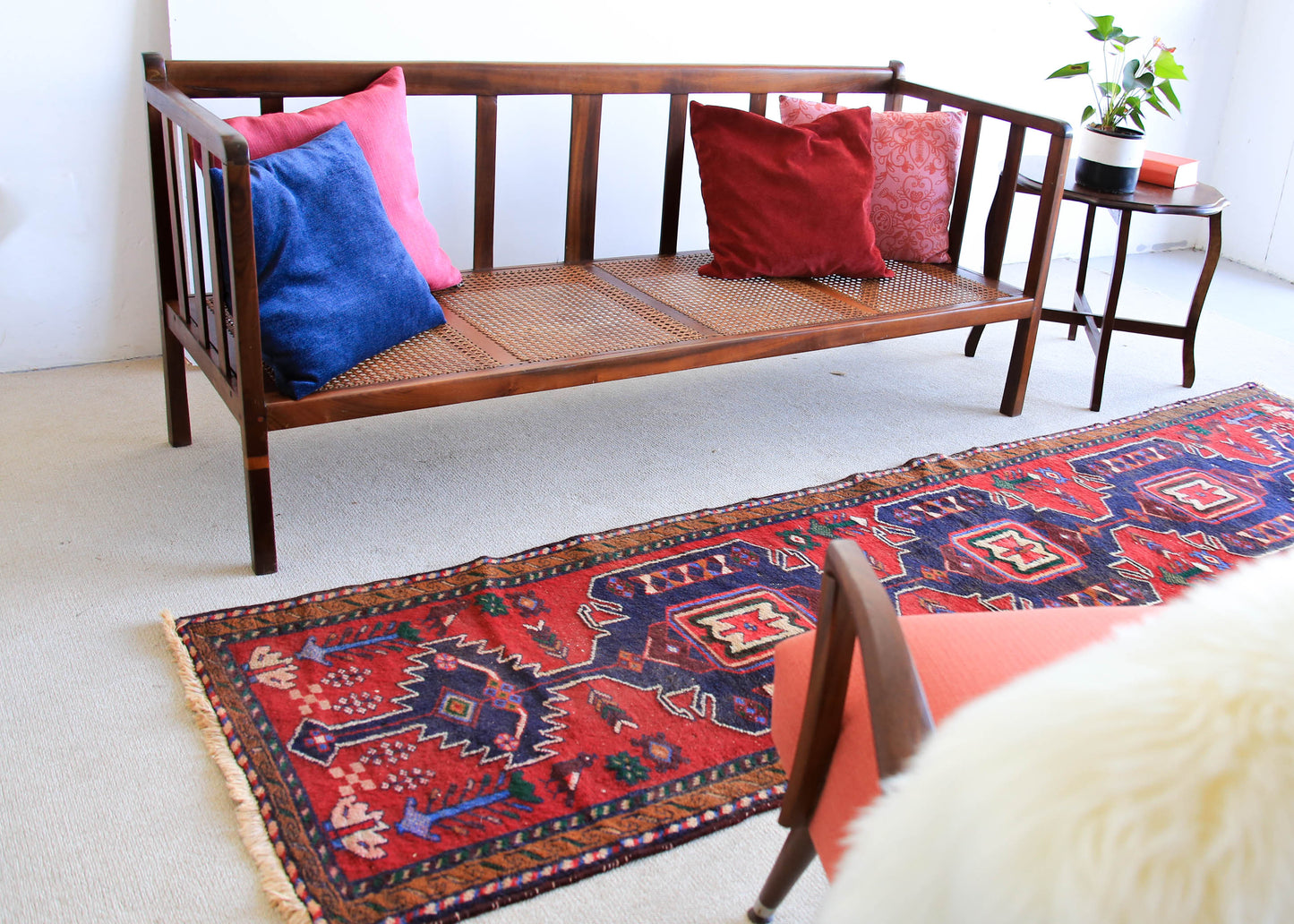 Antique Arts and Crafts Stinkwood Bench with Wicker Seat
