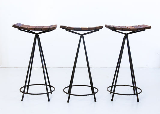 Three Wood and Steel Bar Stools