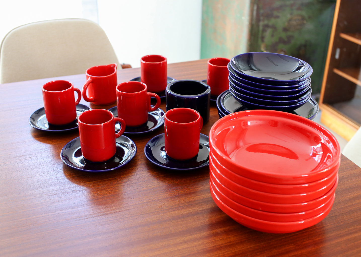 Vintage Red and Blue "Pottery Huizen" Crockery