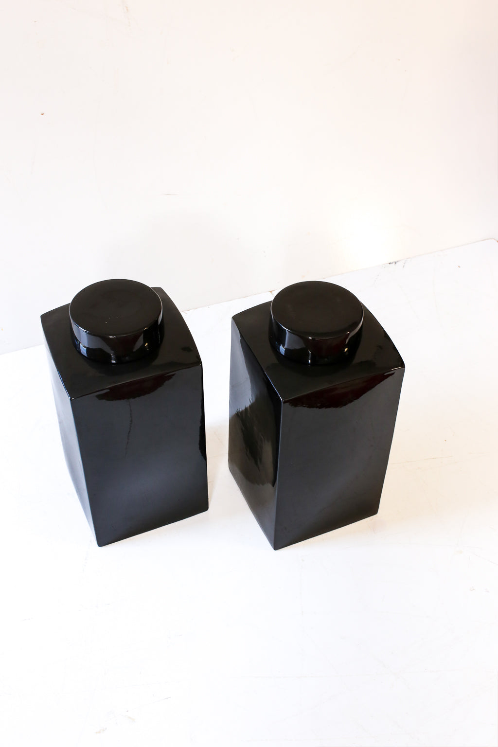 Pair of Large Black Glazed Ceramic Lidded Jars