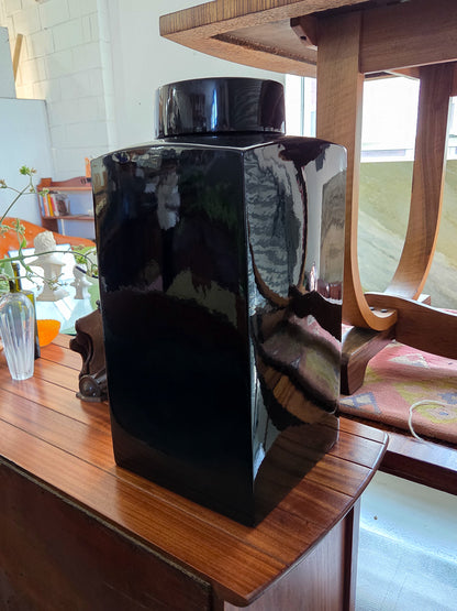 Pair of Large Black Glazed Ceramic Lidded Jars