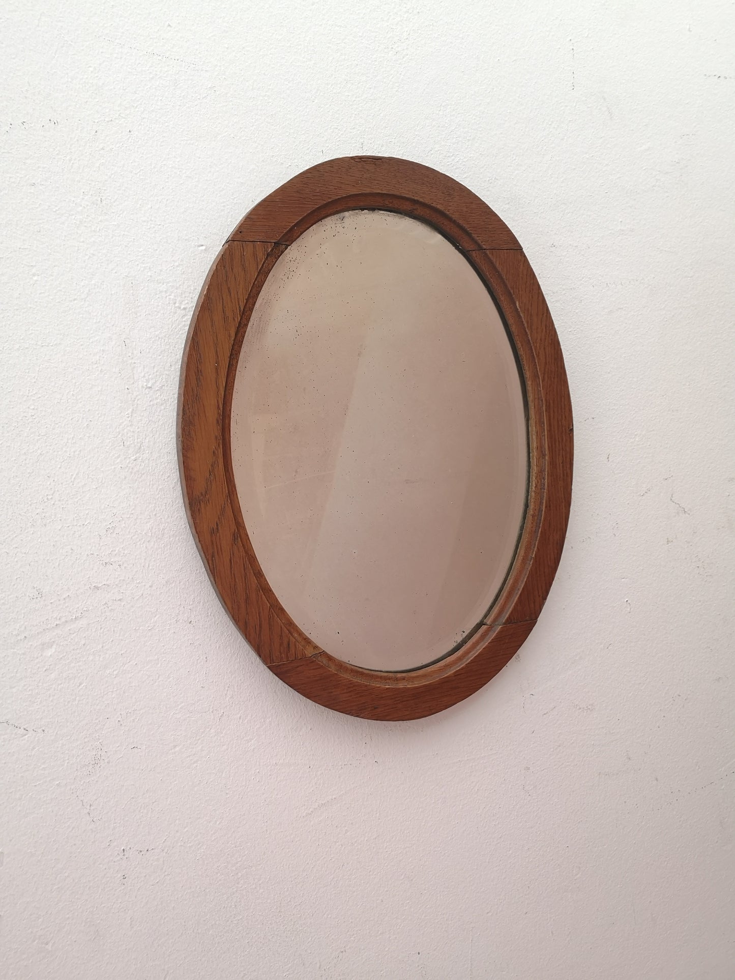 Vintage Beveled Mirror in an Oval Oak Frame
