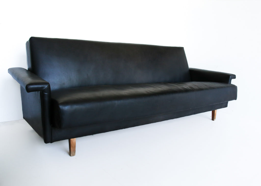 Mid-century Danish Sleeper Couch in Black Leather