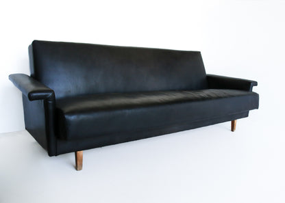 Mid-century Danish Sleeper Couch in Black Leather