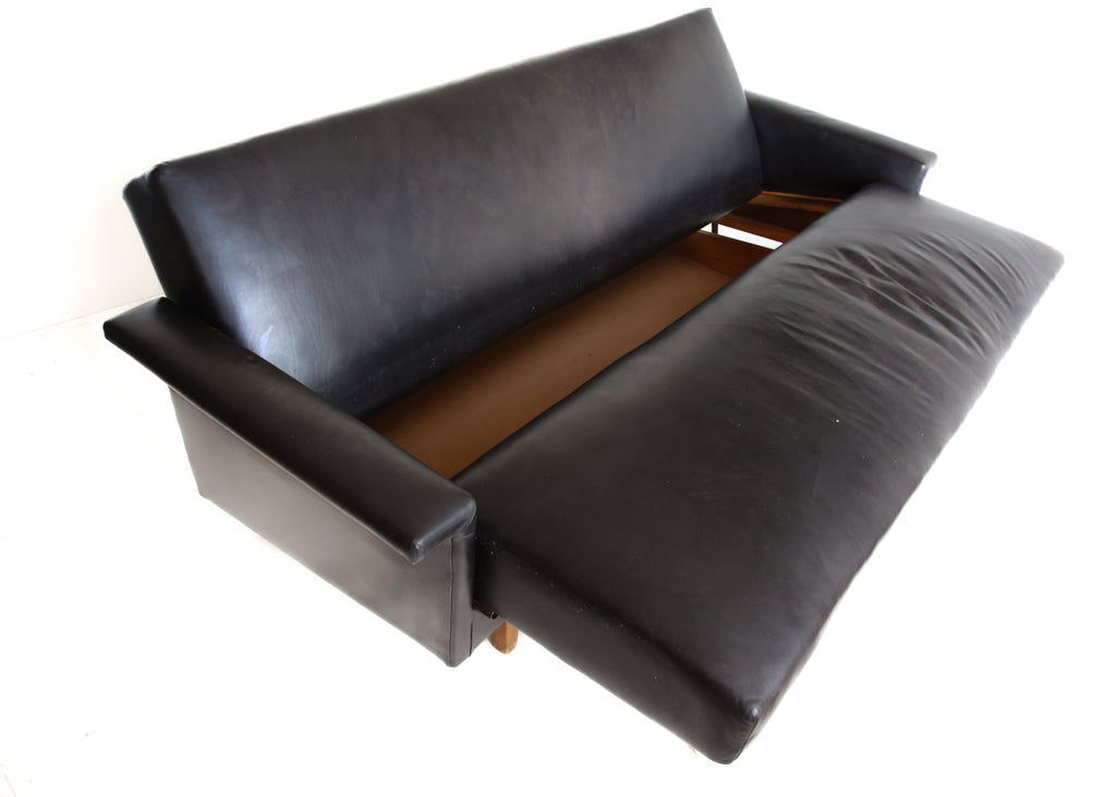 Mid-century Danish Sleeper Couch in Black Leather