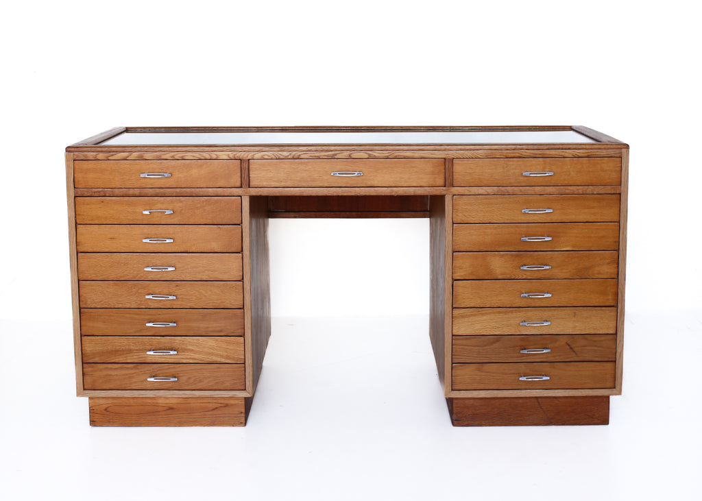 Glass Top Desk with 17 Drawers