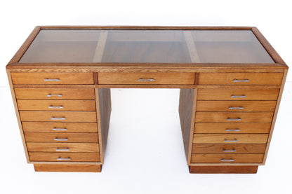 Glass Top Desk with 17 Drawers