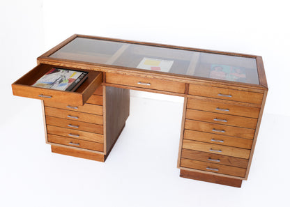 Glass Top Desk with 17 Drawers