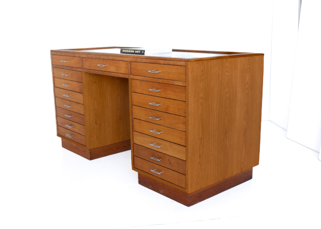 Glass Top Desk with 17 Drawers