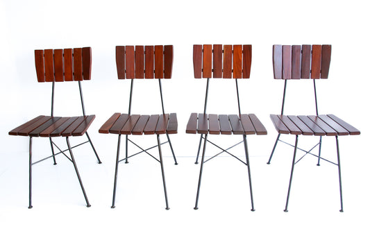 Set of Four Steel and Slatted Wood Kitchen Chairs