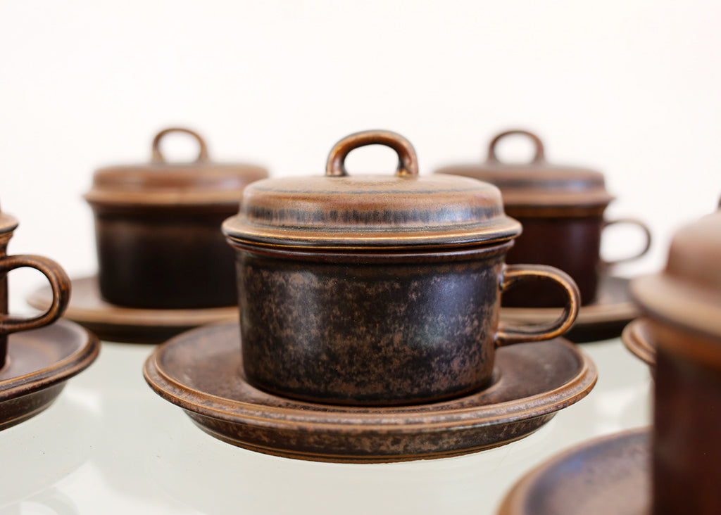 Set of Eight Arabia Lidded Teacups or Soup Bowls