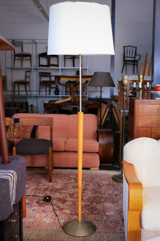 Mid-Century Brushed Steel and Beech Wood Lamp