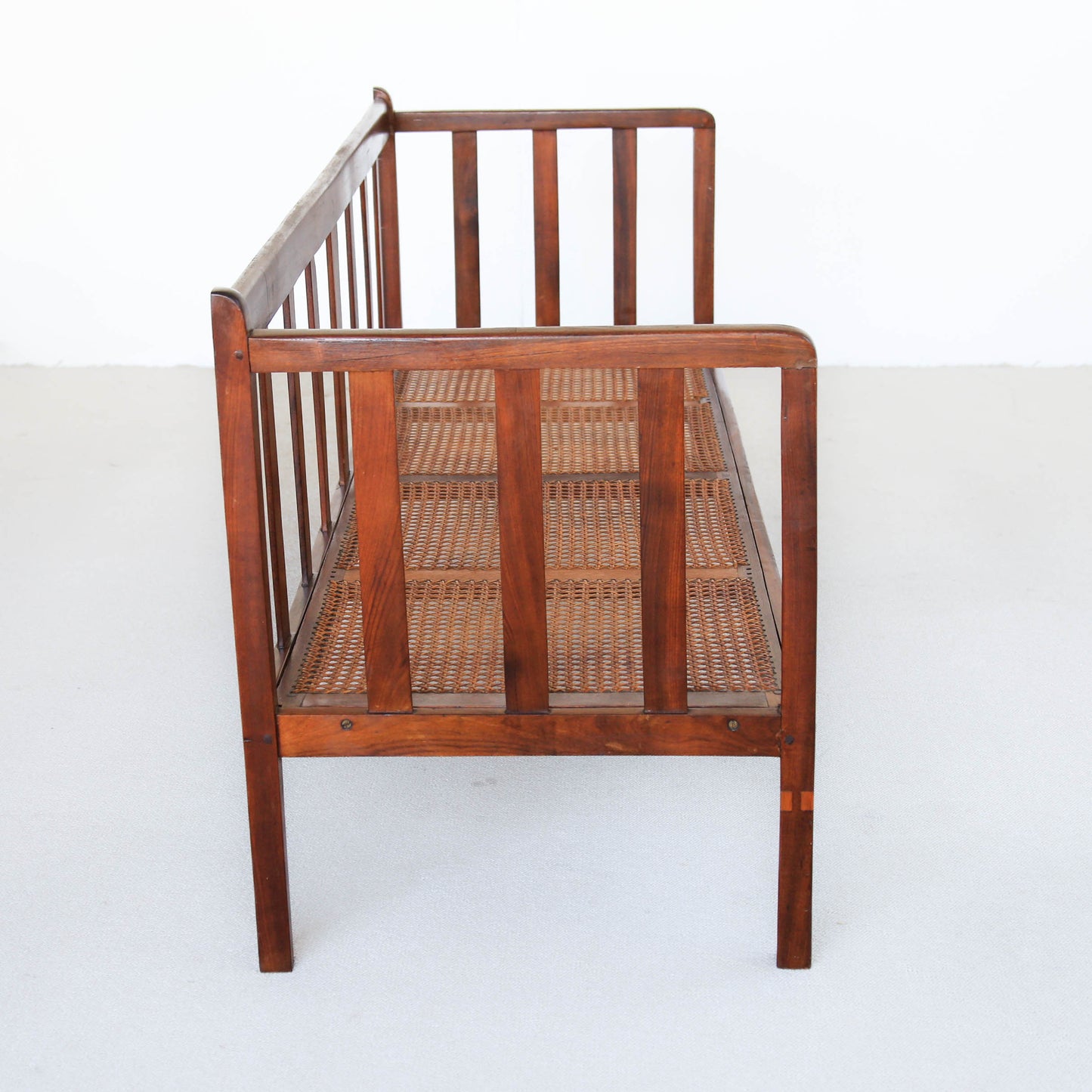 Antique Arts and Crafts Stinkwood Bench with Wicker Seat