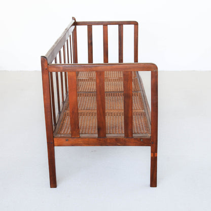 Antique Arts and Crafts Stinkwood Bench with Wicker Seat