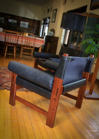 A Pair of Safari Model Leather and Mahogany Armchairs, by John Tabraham for Kallenbach's