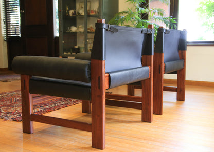 A Pair of Safari Model Leather and Mahogany Armchairs, by John Tabraham for Kallenbach's