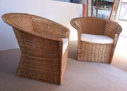 A Pair of Vintage Woven Rattan Rafia Chairs
