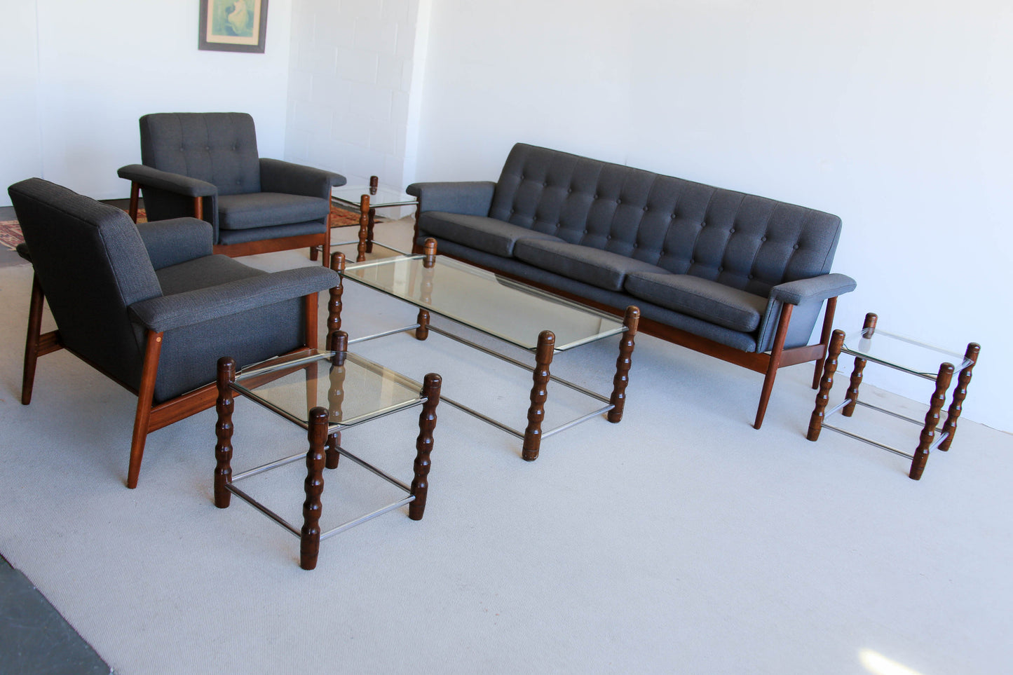 Glass, Chrome and Wood Side Tables