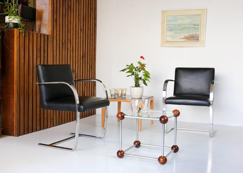 Sputnik Glass, Wood and Chrome Side Table