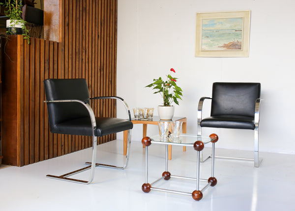 Atomic Glass, Wood and Chrome Side Table