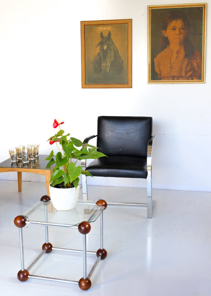 Atomic Glass, Wood and Chrome Side Table