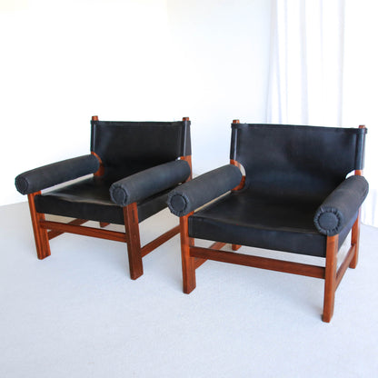 A Pair of Safari Model Leather and Mahogany Armchairs, by John Tabraham for Kallenbach's