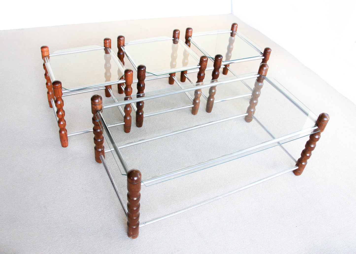 Glass, Chrome and Wood Side Tables
