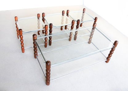 Glass, Chrome and Wood Side Tables