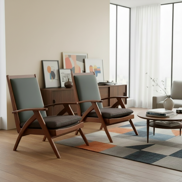 Mid-century modern living room with wooden armchairs.