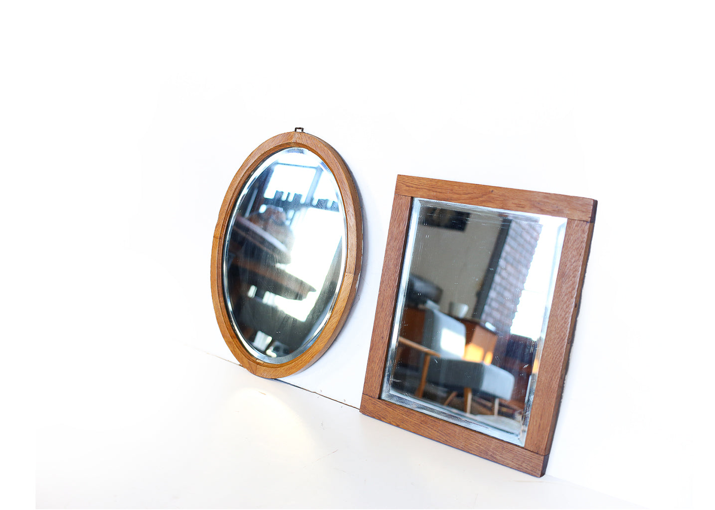 Vintage Bevelled Mirrors with Oak Frames