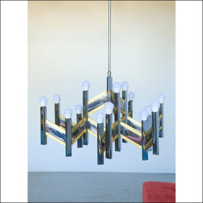 Original 1970's 15 Light Gaetano Sciolari Brass and Chrome Model Concorde Chandelier