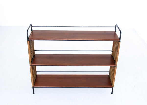 Mid-Century Cane, Steel and Wood Shelf