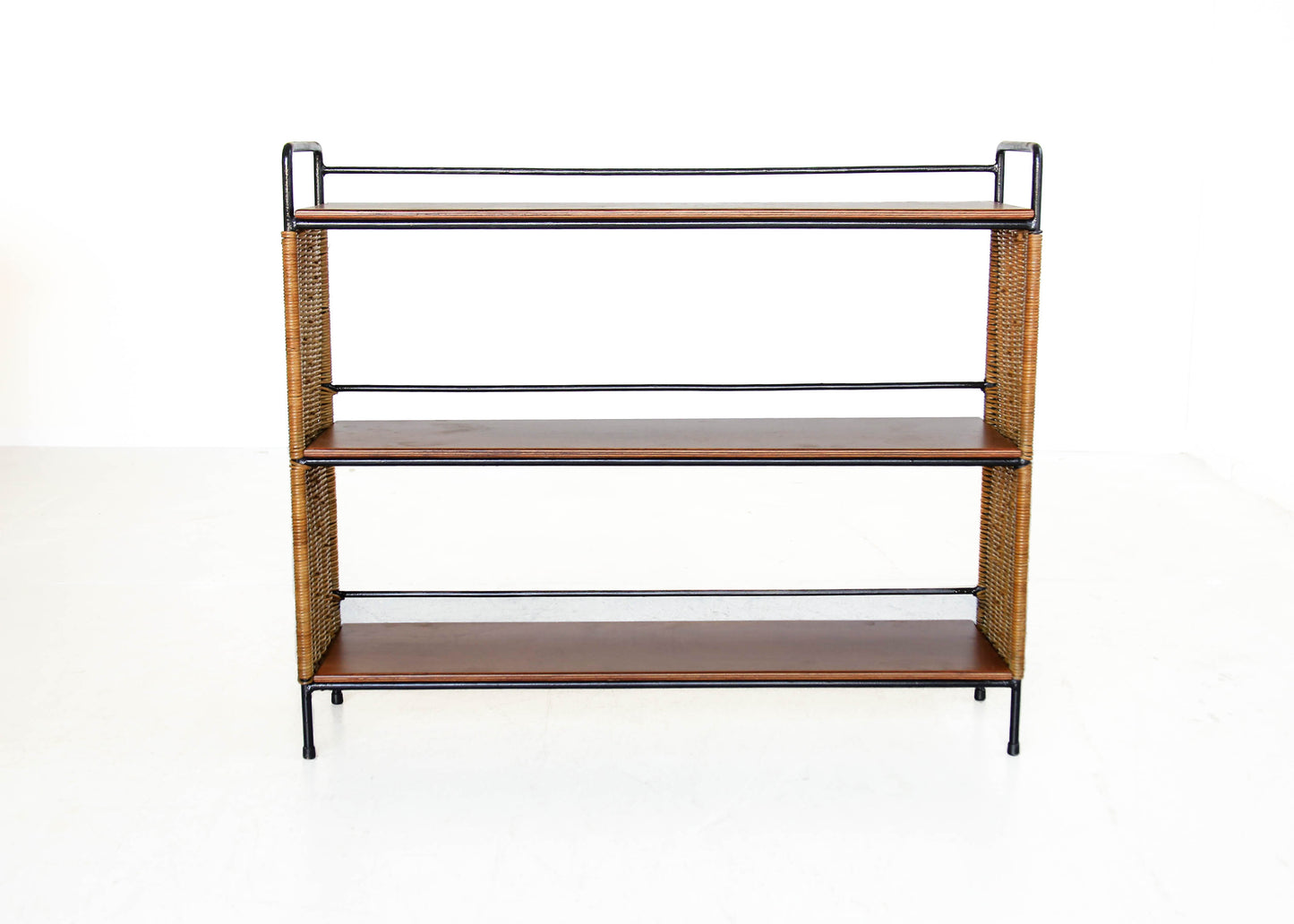 Mid-Century Cane, Steel and Wood Shelf