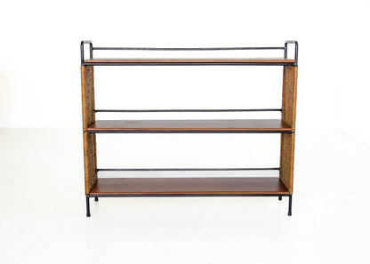 Mid-Century Cane, Steel and Wood Shelf