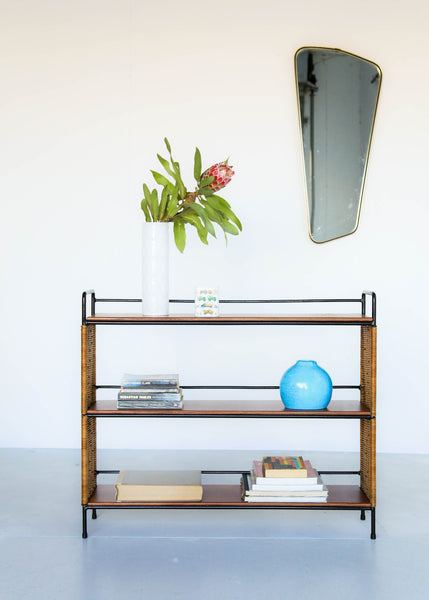 Mid-Century Cane, Steel and Wood Shelf