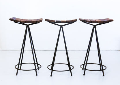 Three Wood and Steel Bar Stools