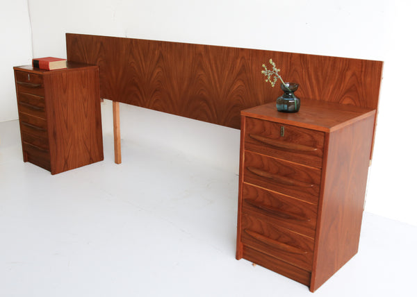 Mid-Century Queen Headboard with Two Drawer Pedestals