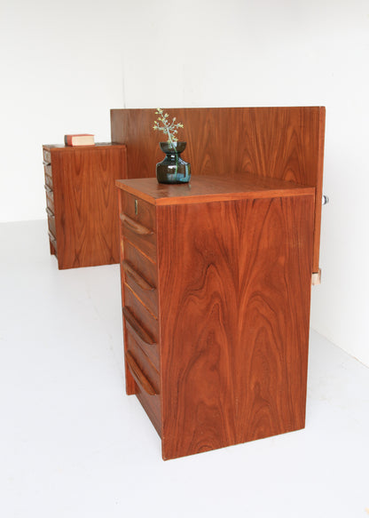 Mid-Century Queen Headboard with Two Drawer Pedestals