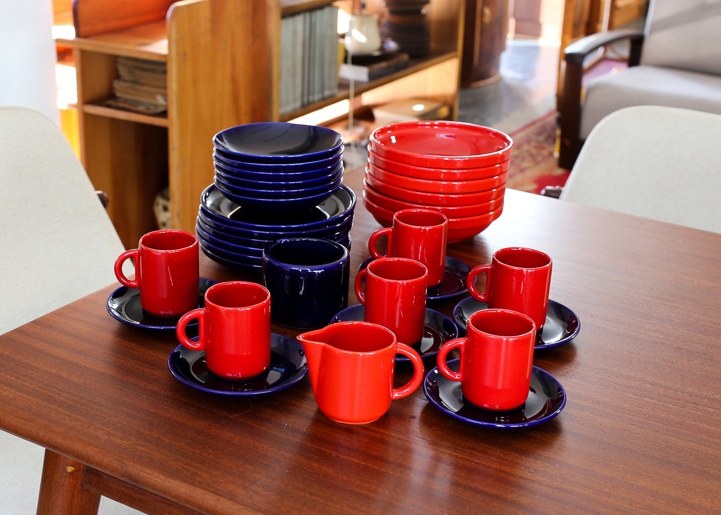 Vintage Red and Blue "Pottery Huizen" Crockery