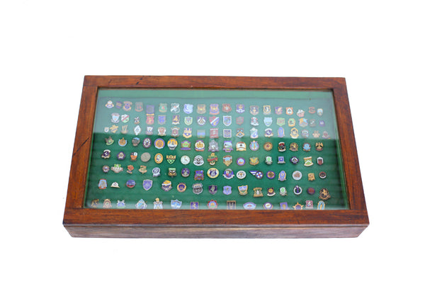 Display Cabinet with Vintage Enamel Bowling Badges