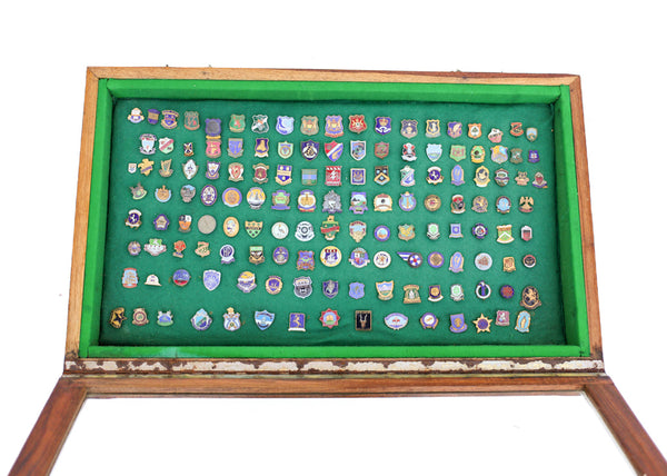 Display Cabinet with Vintage Enamel Bowling Badges