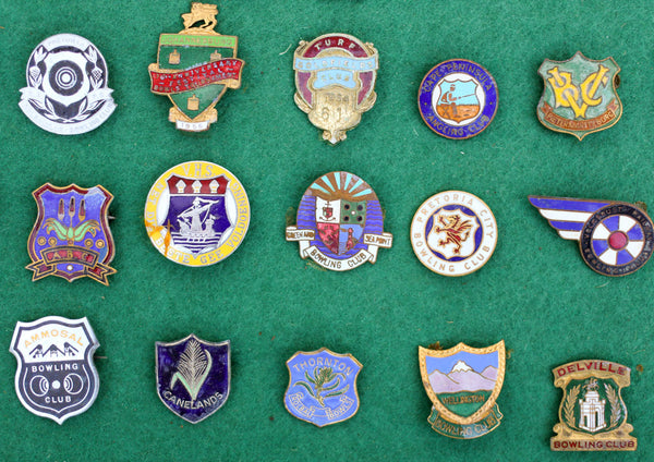 Display Cabinet with Vintage Enamel Bowling Badges