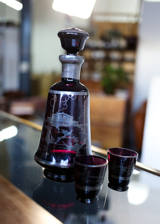 Amethyst Venetian Glass Decanter and Two Glasses