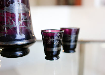 Amethyst Venetian Glass Decanter and Two Glasses