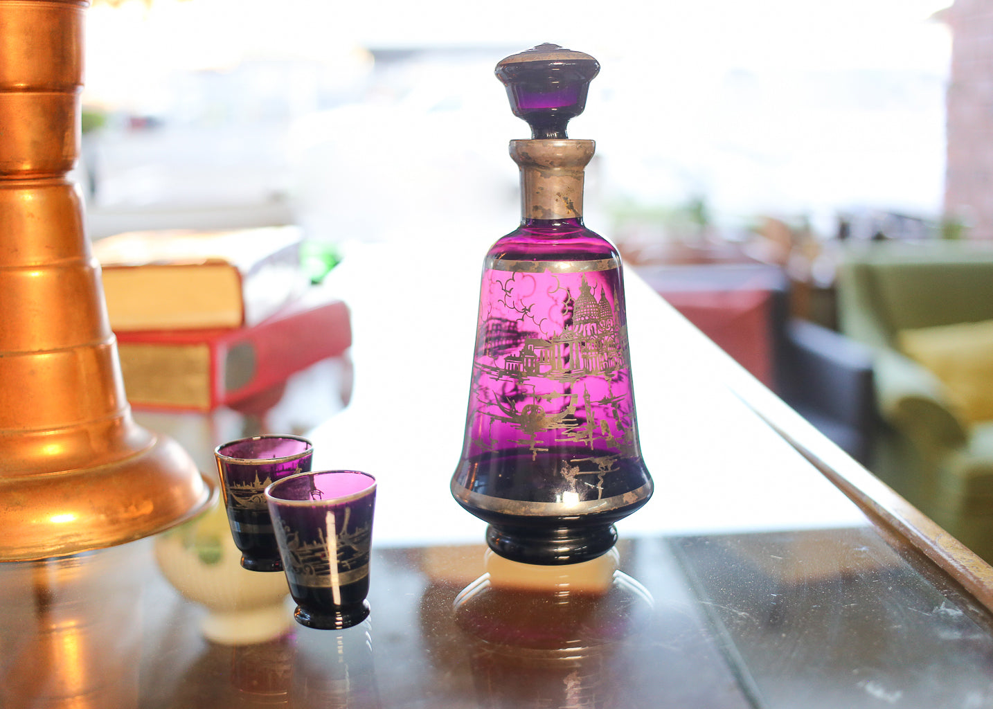 Amethyst Venetian Glass Decanter and Two Glasses