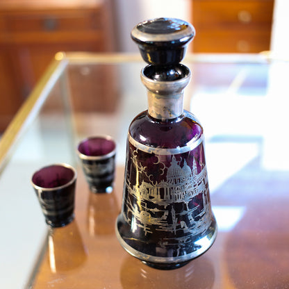 Amethyst Venetian Glass Decanter and Two Glasses