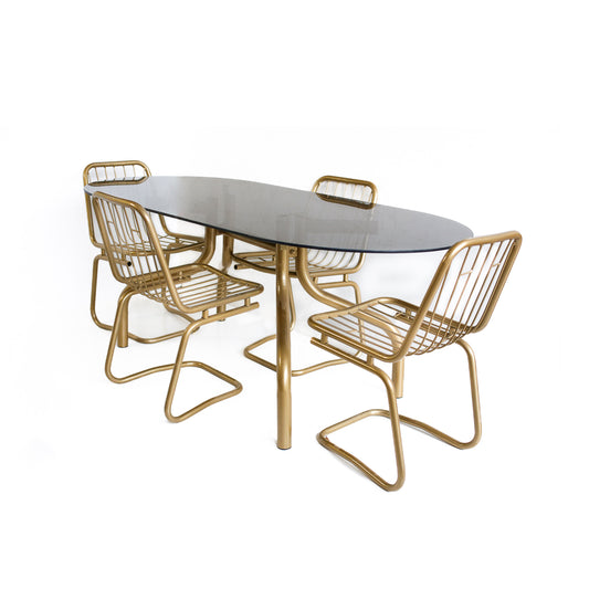 1970s Brass-Finish Dining Suite: Table and Four Wire Chairs