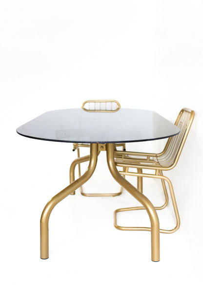 1970s Brass-Finish Dining Suite: Table and Four Wire Chairs