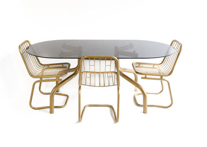 1970s Brass-Finish Dining Suite: Table and Four Wire Chairs