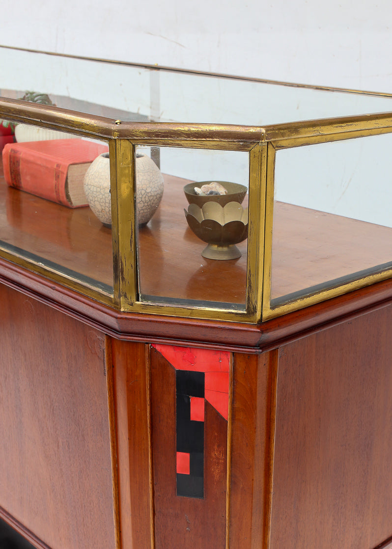 Art Deco Glass-Top Display Cabinet with Bakelite Inlay (two available)